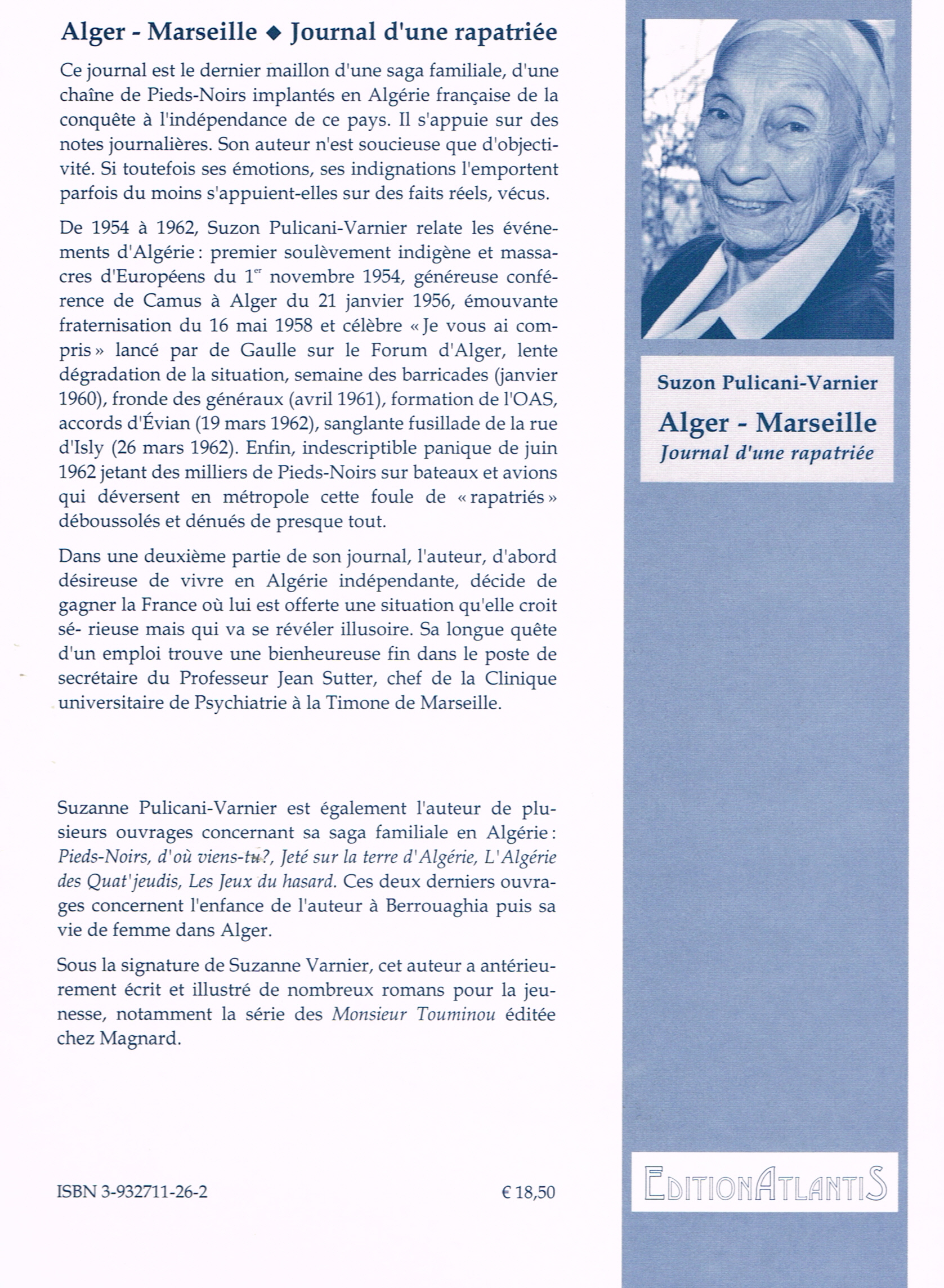 Back cover of Alger – Marseille. Journal d’une rapatriée