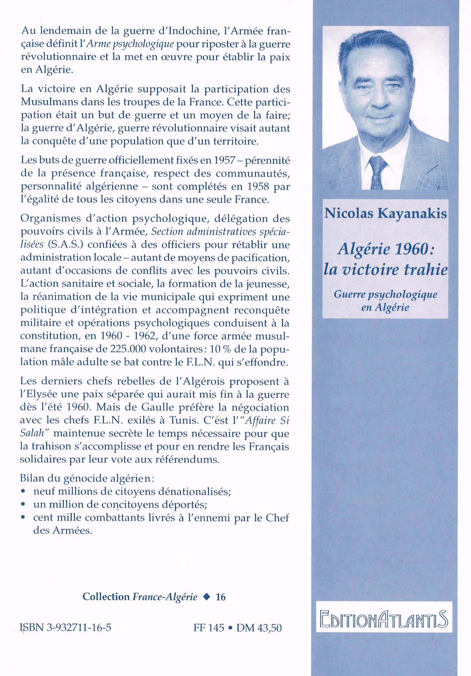 Back cover of Algérie 1960 : la victoire trahie. Guerre psychologique en Algérie