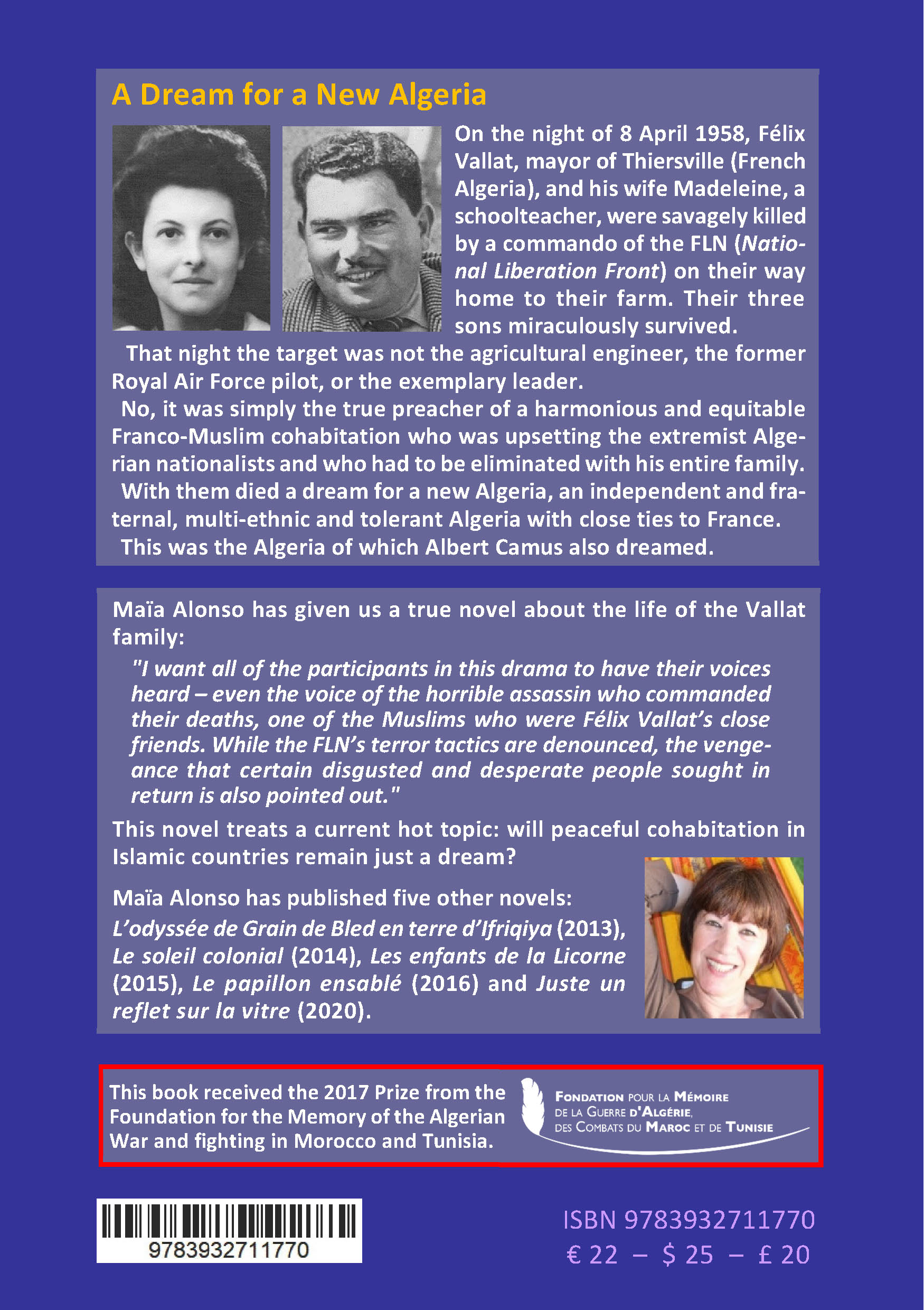 Back cover of Death of a Dream. Algeria 1958. A True Novel