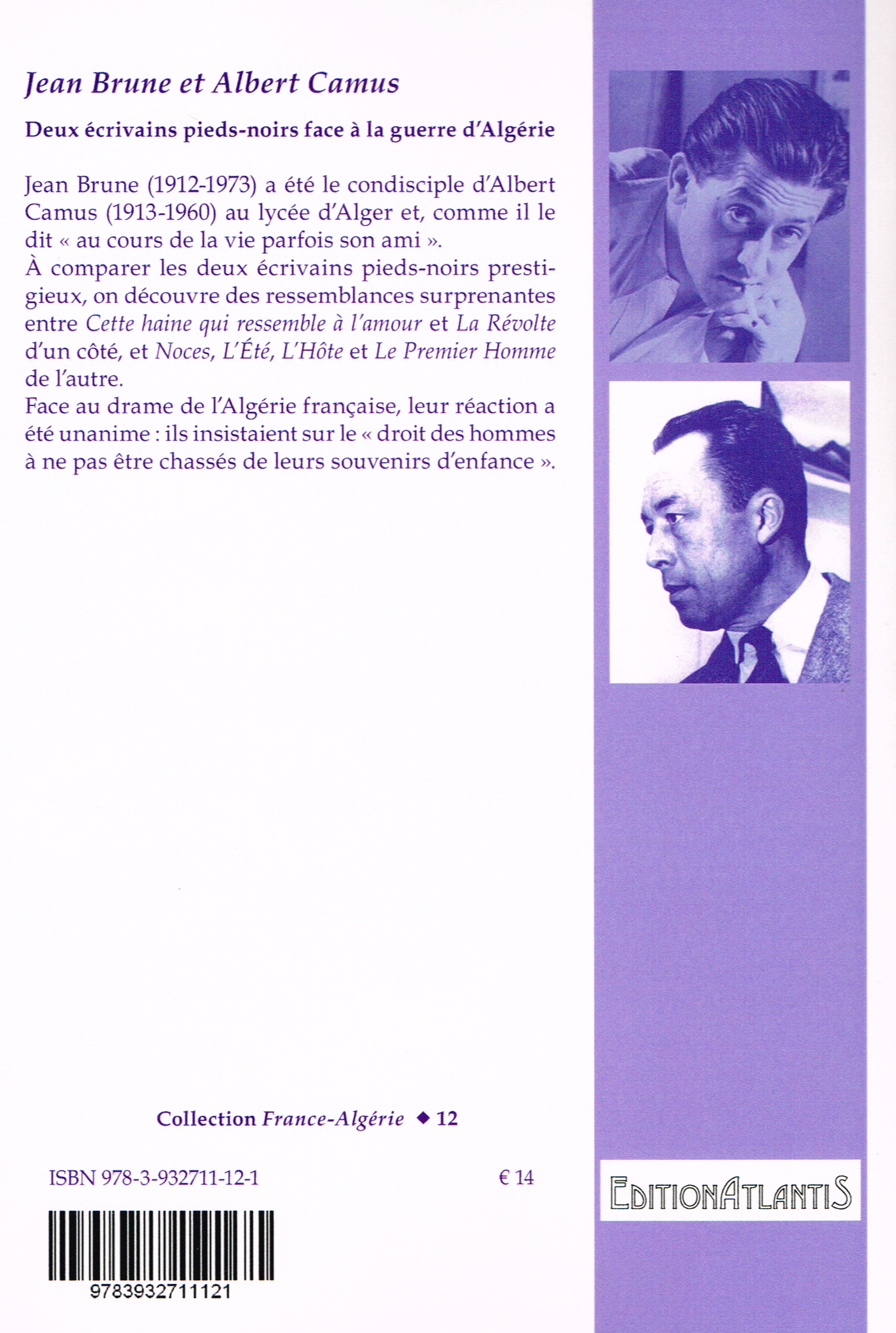 Back cover of Jean Brune et Albert Camus. Deux écrivains pieds-noirs face au drame de l’Algérie  française