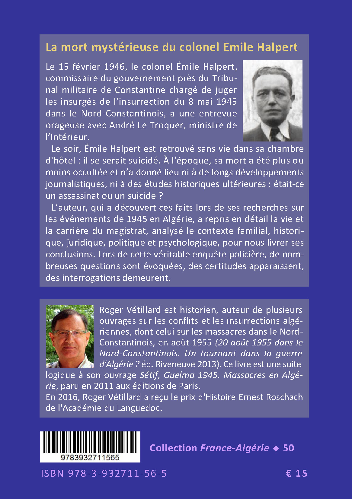 Back cover of La mort mystérieuse du colonel Halpert le 15 février 1946 à Constantine. Enquête historique