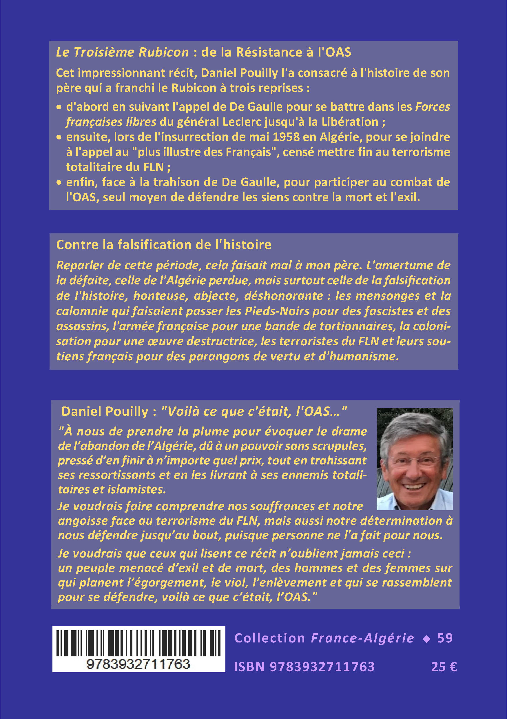 Back cover of Le Troisième Rubicon.  Forces françaises libres. 13 mai 1958. OAS Oran. Récit historique romancé