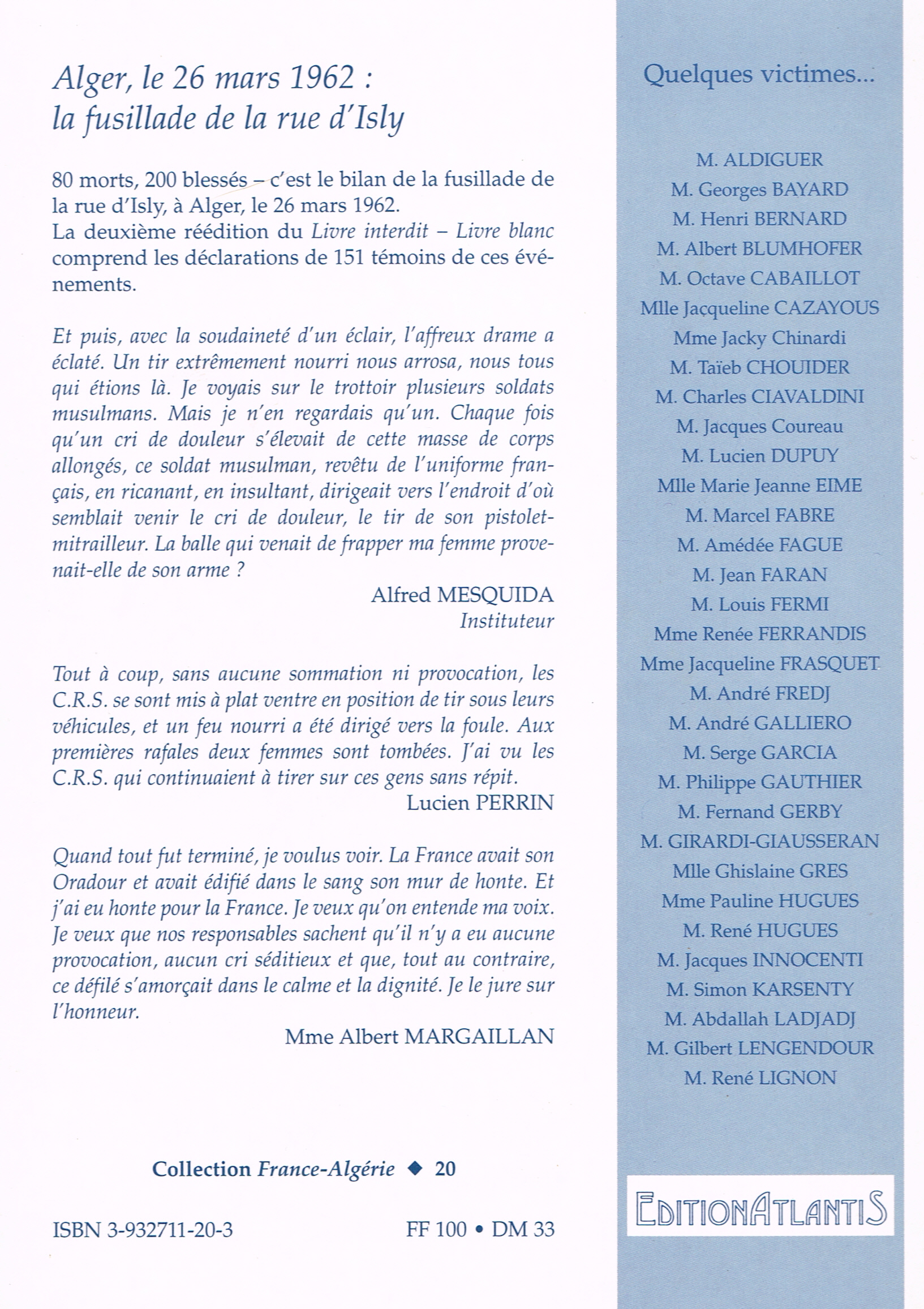 Back cover of Livre blanc. Alger, le 26 mars 1962 : la fusillade de la rue d’Isly