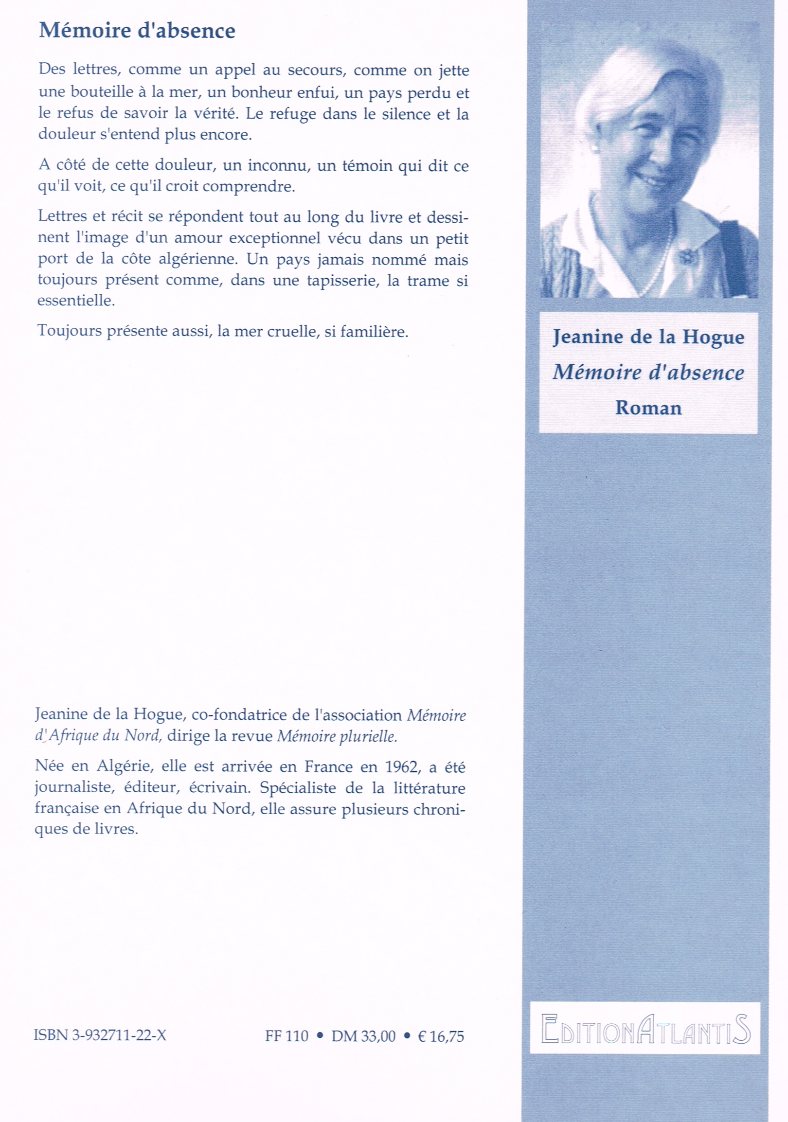Back cover of Mémoire d’absence